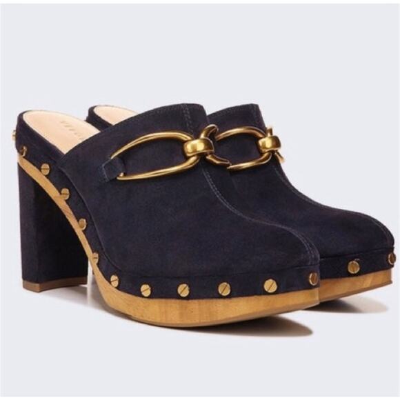 NWOT Veronica Beard Women’s 8.5M Giles Clogs Navy Suede Leather Platform Mules